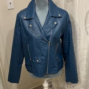 Tanming Women’s Teal Faux Leather Biker Jacket XL Blue Zip Lined Pockets Studded